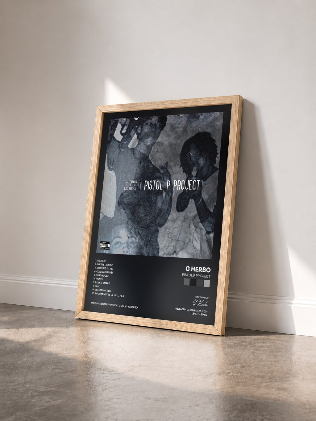 #bois Tableau de l'album Pistol P Project de G Herbo vu de trois quarts, cadre en bois brut