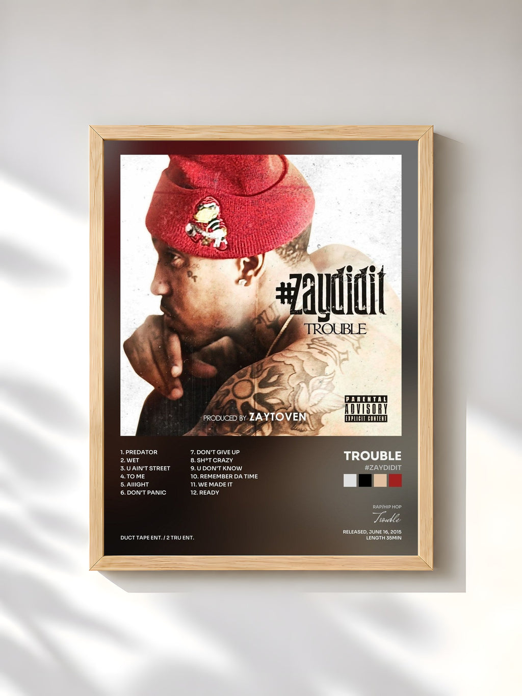 #bois Tableau de l'album #ZayDidIt de Trouble, cadre en bois brut, imprimé et encadré en France