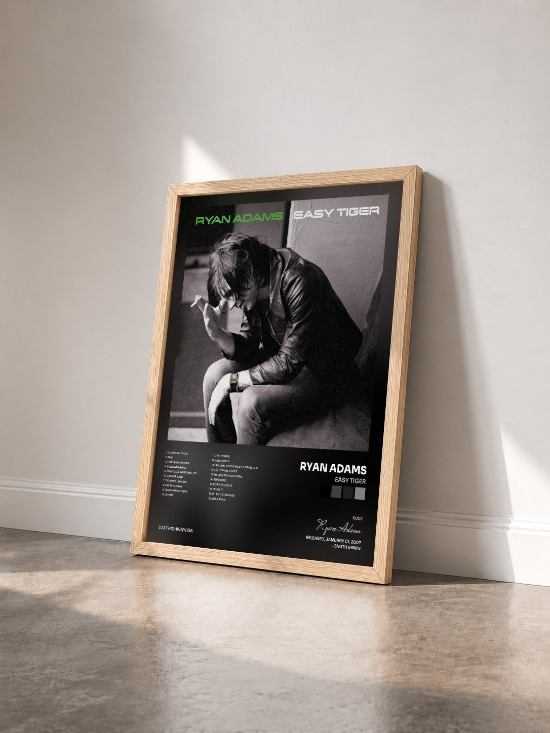 #bois Tableau de l'album Easy Tiger de Ryan Adams vu de trois quarts, cadre en bois brut