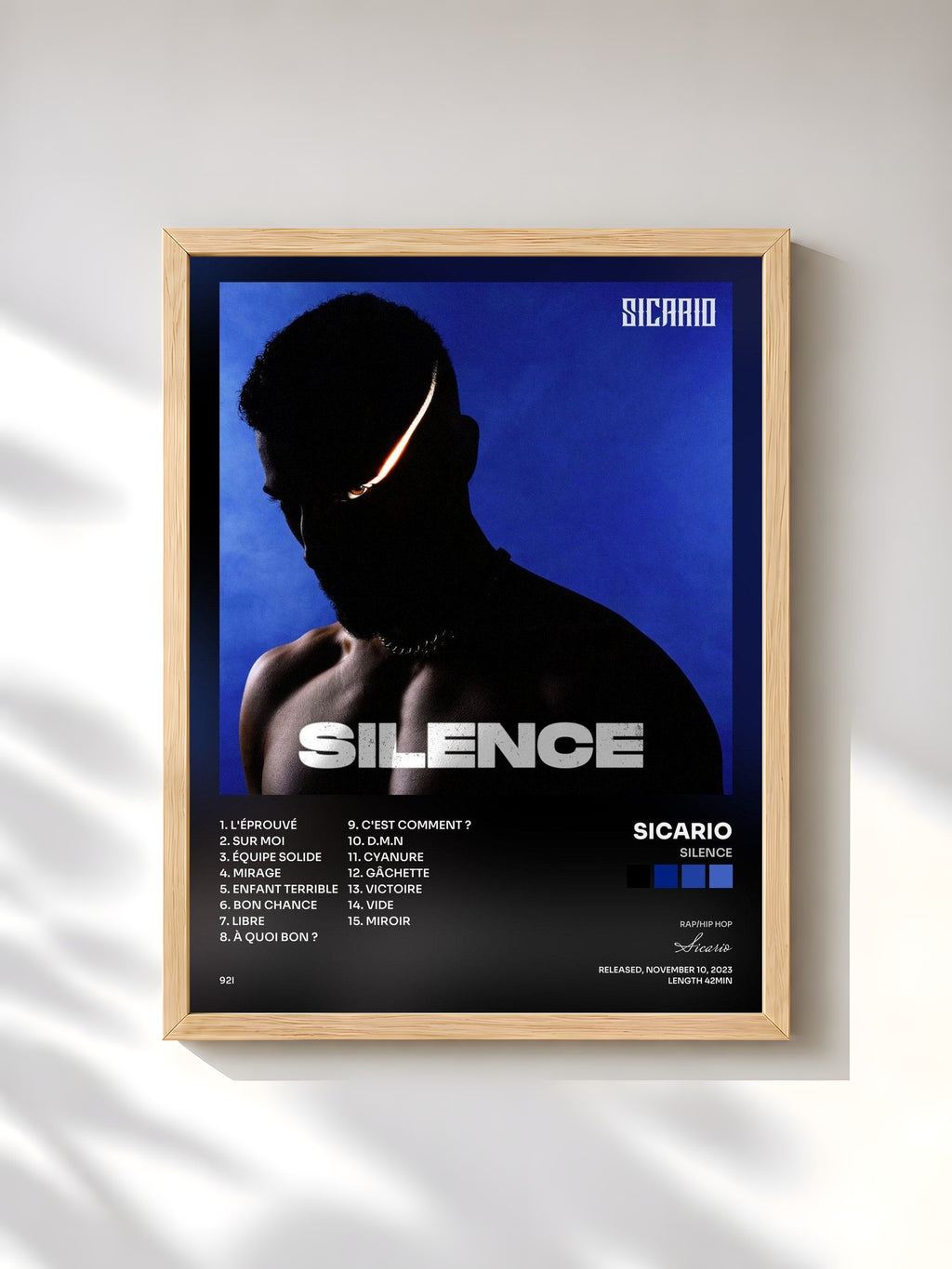 #bois Tableau de l'album Silence de Sicario, cadre en bois brut, imprimé et encadré en France