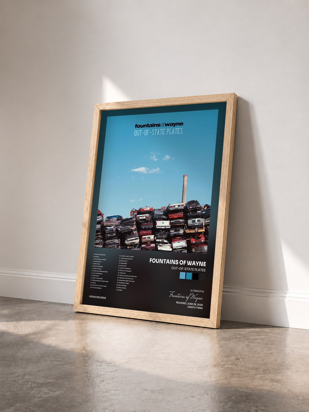 #bois Tableau de l'album Out-Of-State Plates de Fountains of Wayne vu de trois quarts, cadre en bois brut