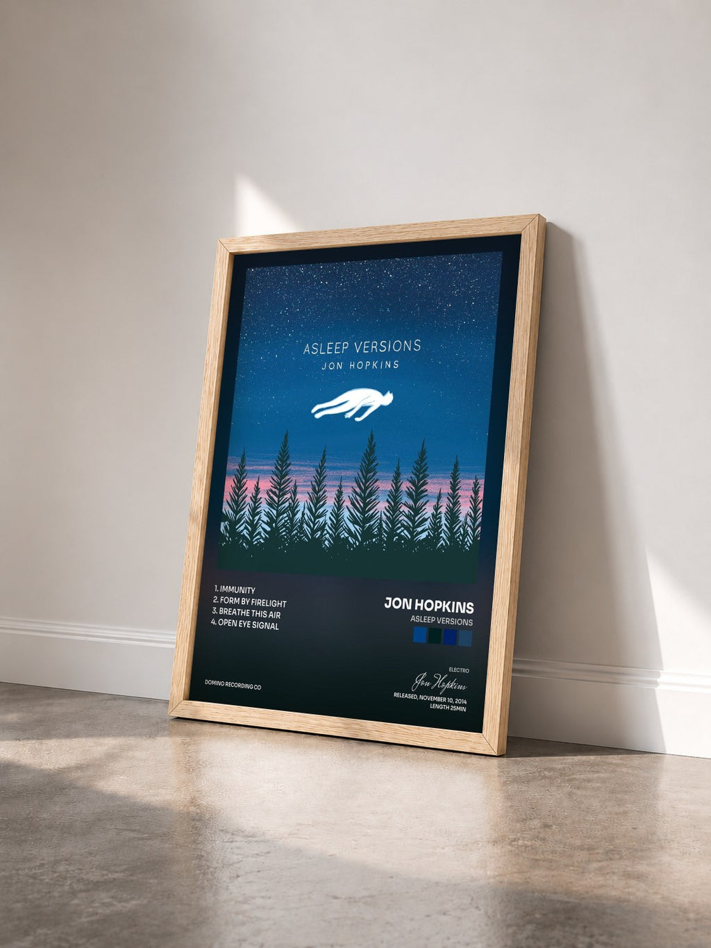 #bois Tableau de l'album Asleep Versions de Jon Hopkins vu de trois quarts, cadre en bois brut