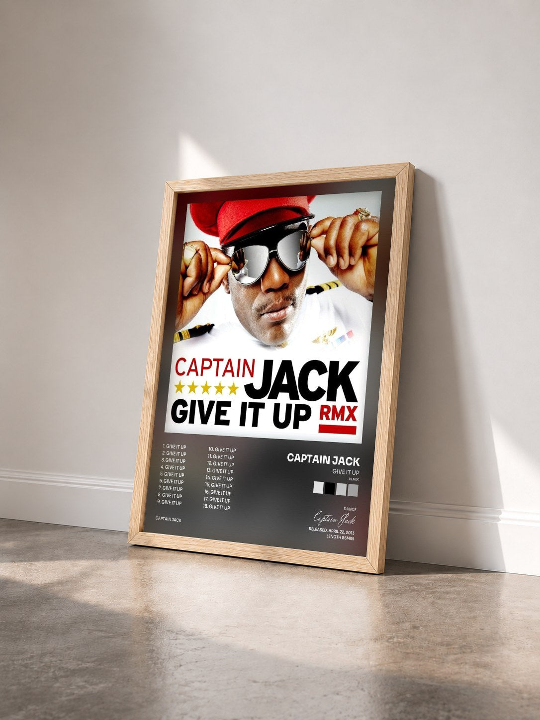 #bois Tableau de l'album Give It Up (Remix) de Captain Jack vu de trois quarts, cadre en bois brut