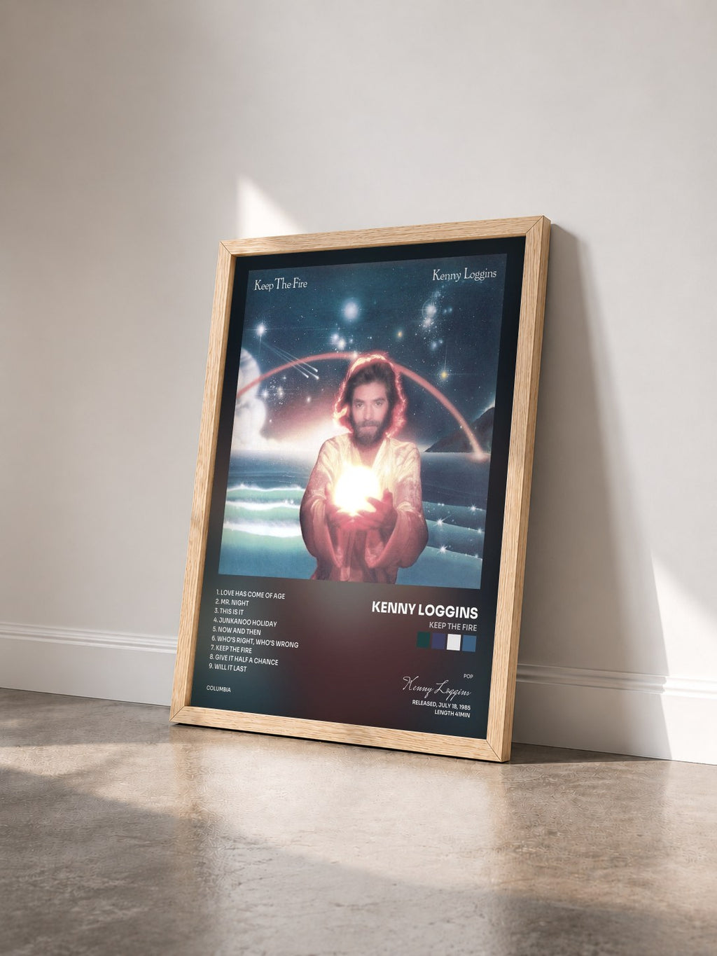 #bois Tableau de l'album Keep The Fire de Kenny Loggins vu de trois quarts, cadre en bois brut