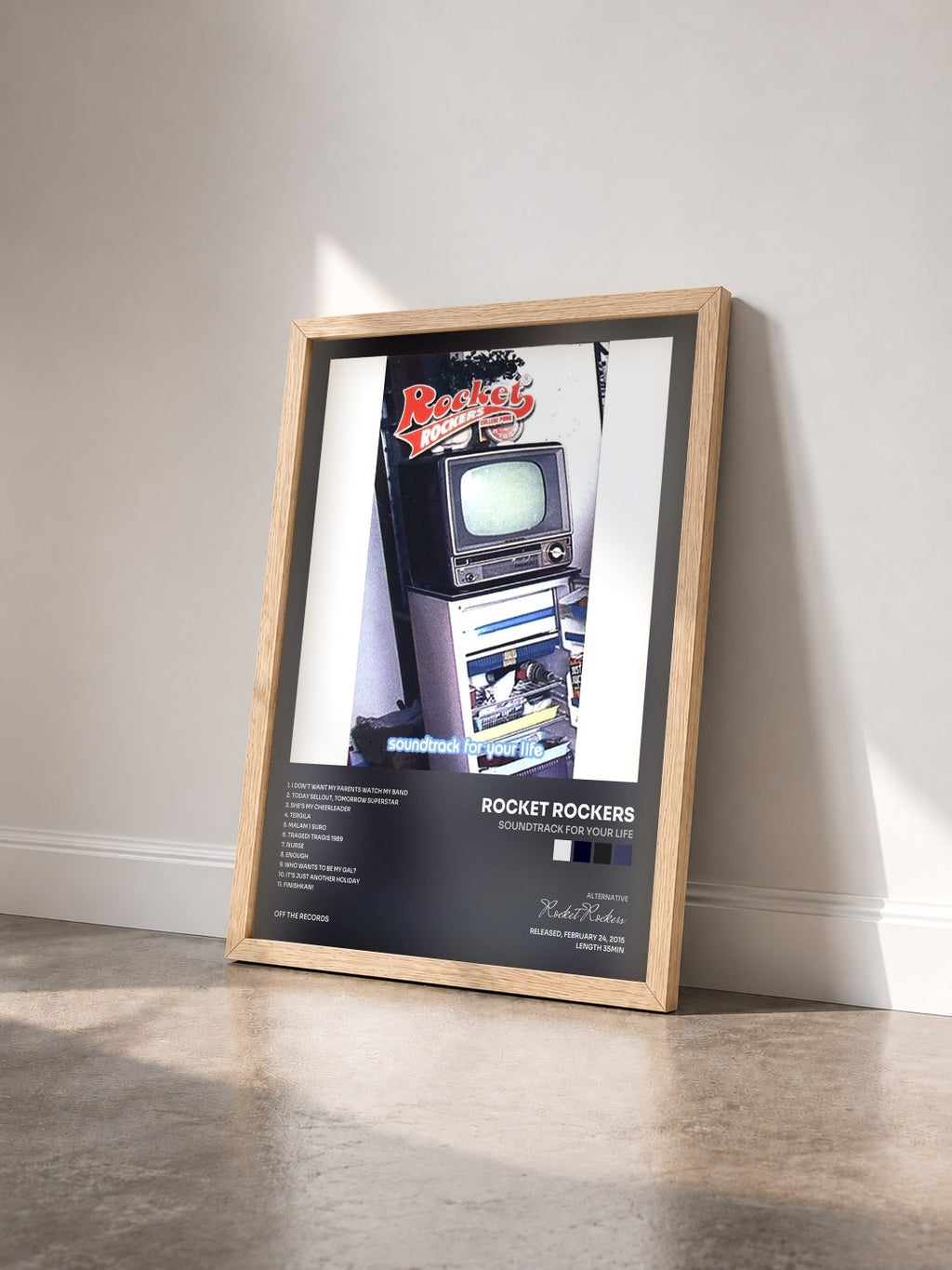 #bois Tableau de l'album Soundtrack For Your Life de Rocket Rockers vu de trois quarts, cadre en bois brut