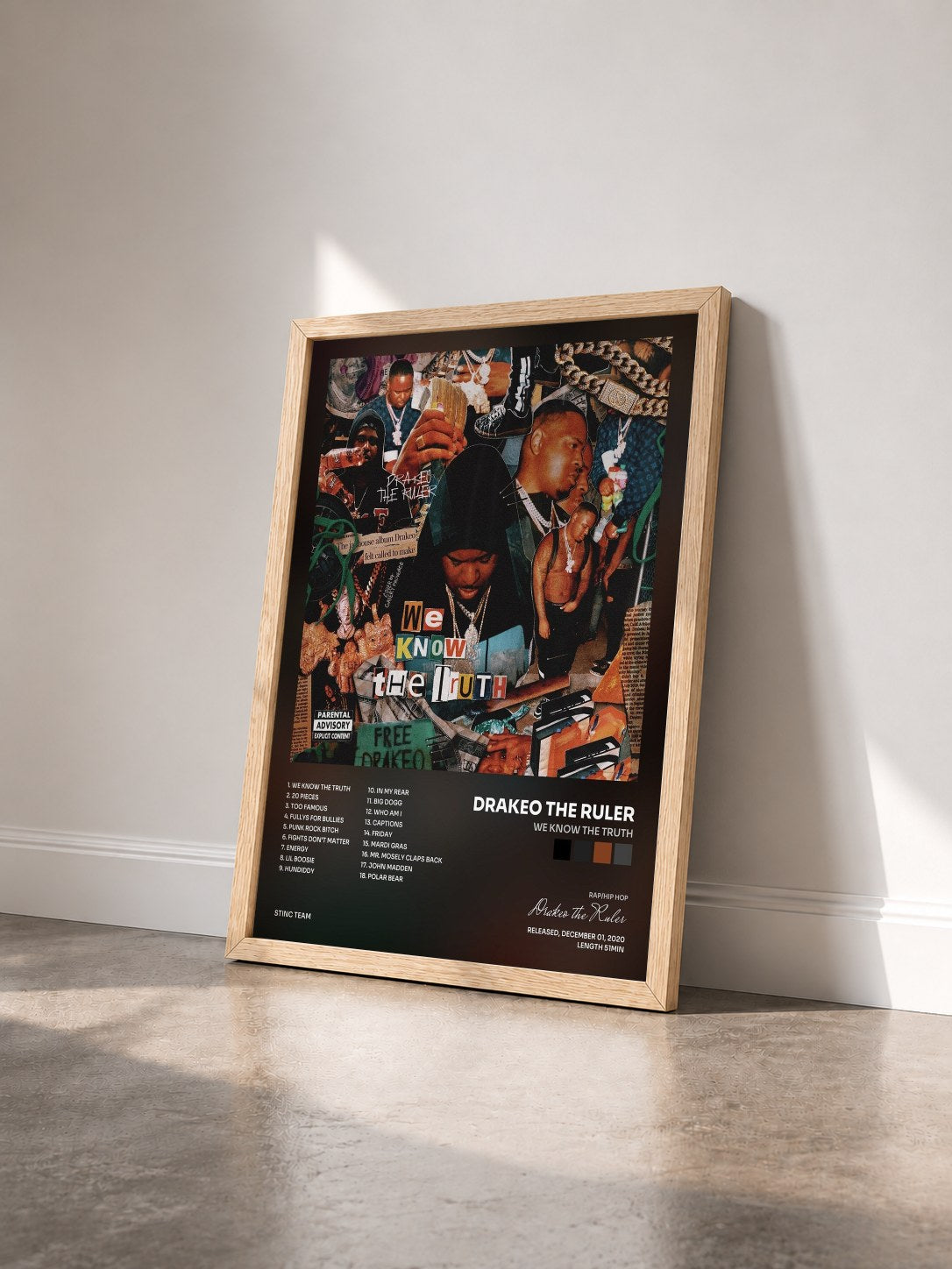 #bois Tableau de l'album We Know the Truth de Drakeo the Ruler vu de trois quarts, cadre en bois brut