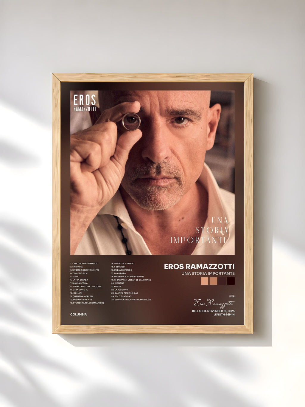 #bois Tableau de l'album UNA STORIA IMPORTANTE de Eros Ramazzotti, cadre en bois brut, imprimé et encadré en France