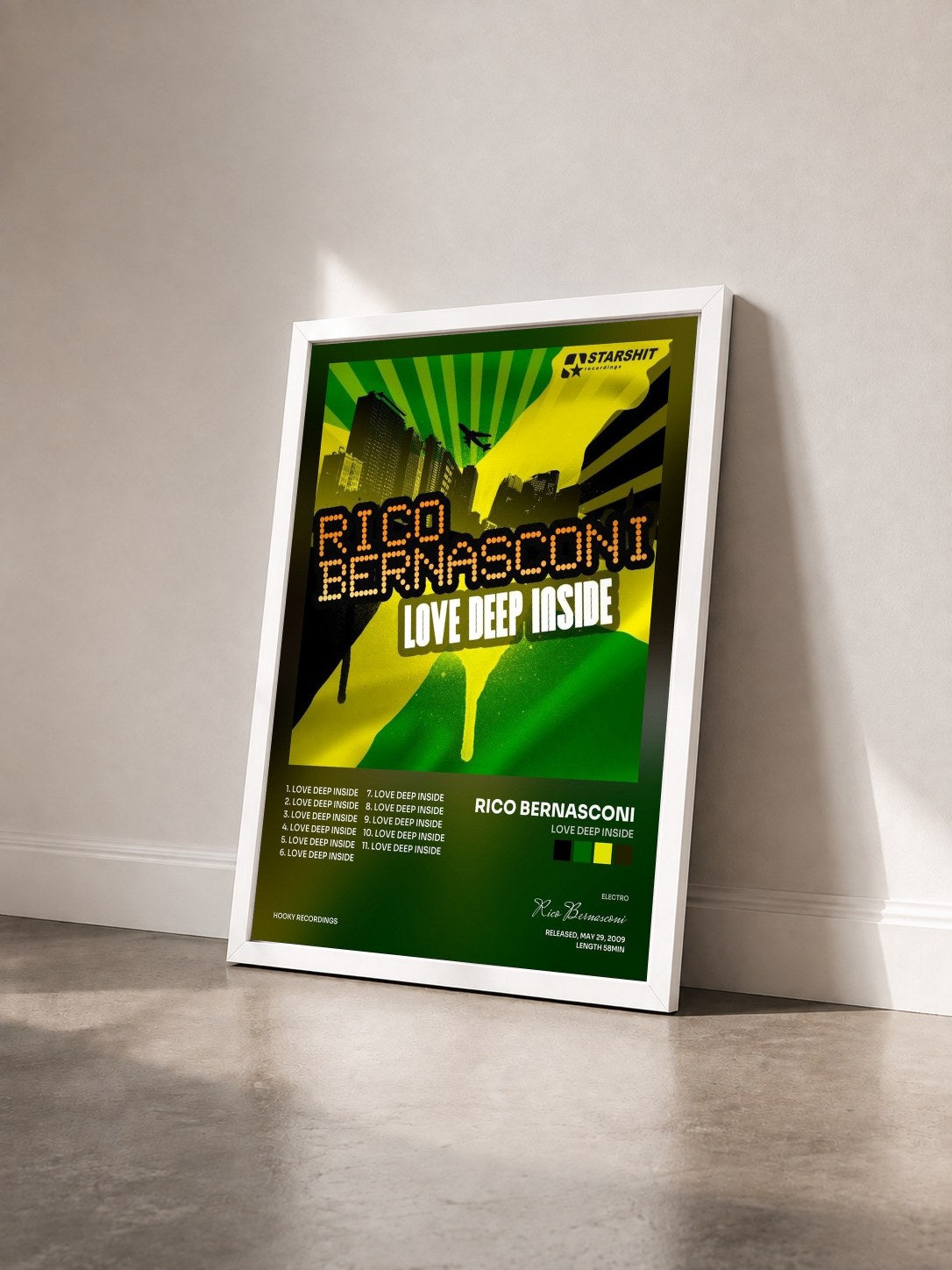 #blanc Tableau de l'album Love Deep Inside de Rico Bernasconi vu de trois quarts, cadre blanc