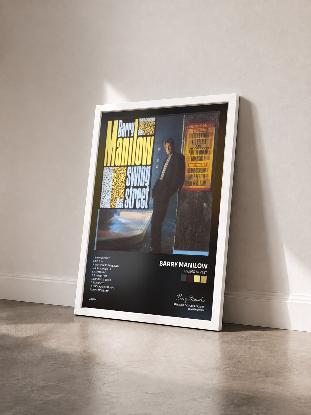 #blanc Tableau de l'album Swing Street de Barry Manilow vu de trois quarts, cadre blanc