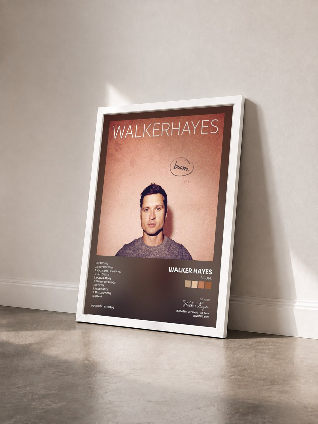#blanc Tableau de l'album boom. de Walker Hayes vu de trois quarts, cadre blanc