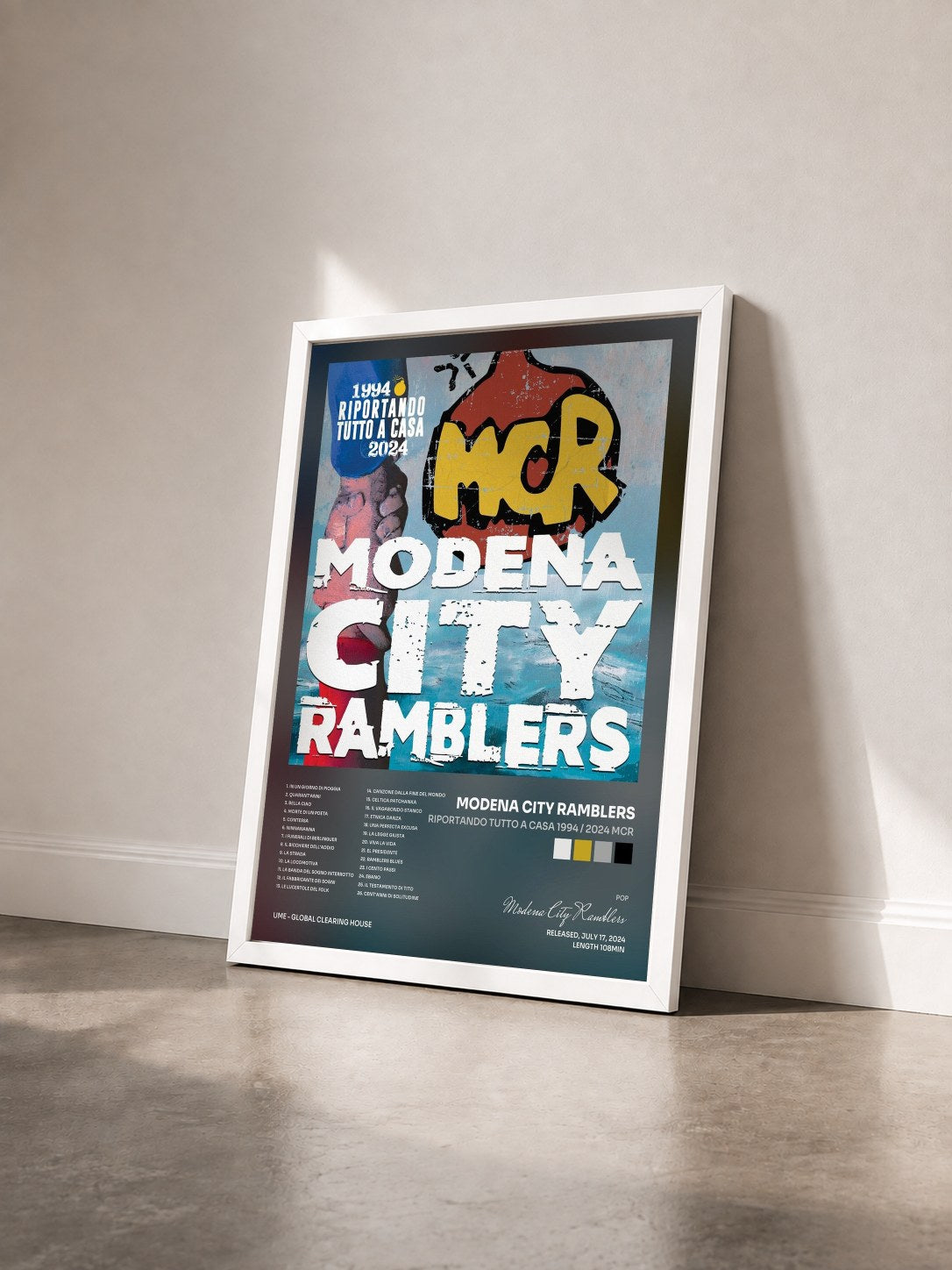 #blanc Tableau de l'album Riportando tutto a casa 1994 / 2024 MCR de Modena City Ramblers vu de trois quarts, cadre blanc
