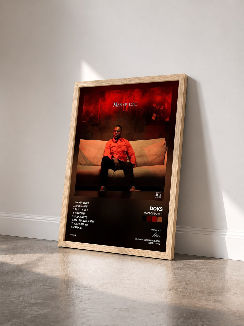 #bois Tableau de l'album Man Of Love II de Doks vu de trois quarts, cadre en bois brut