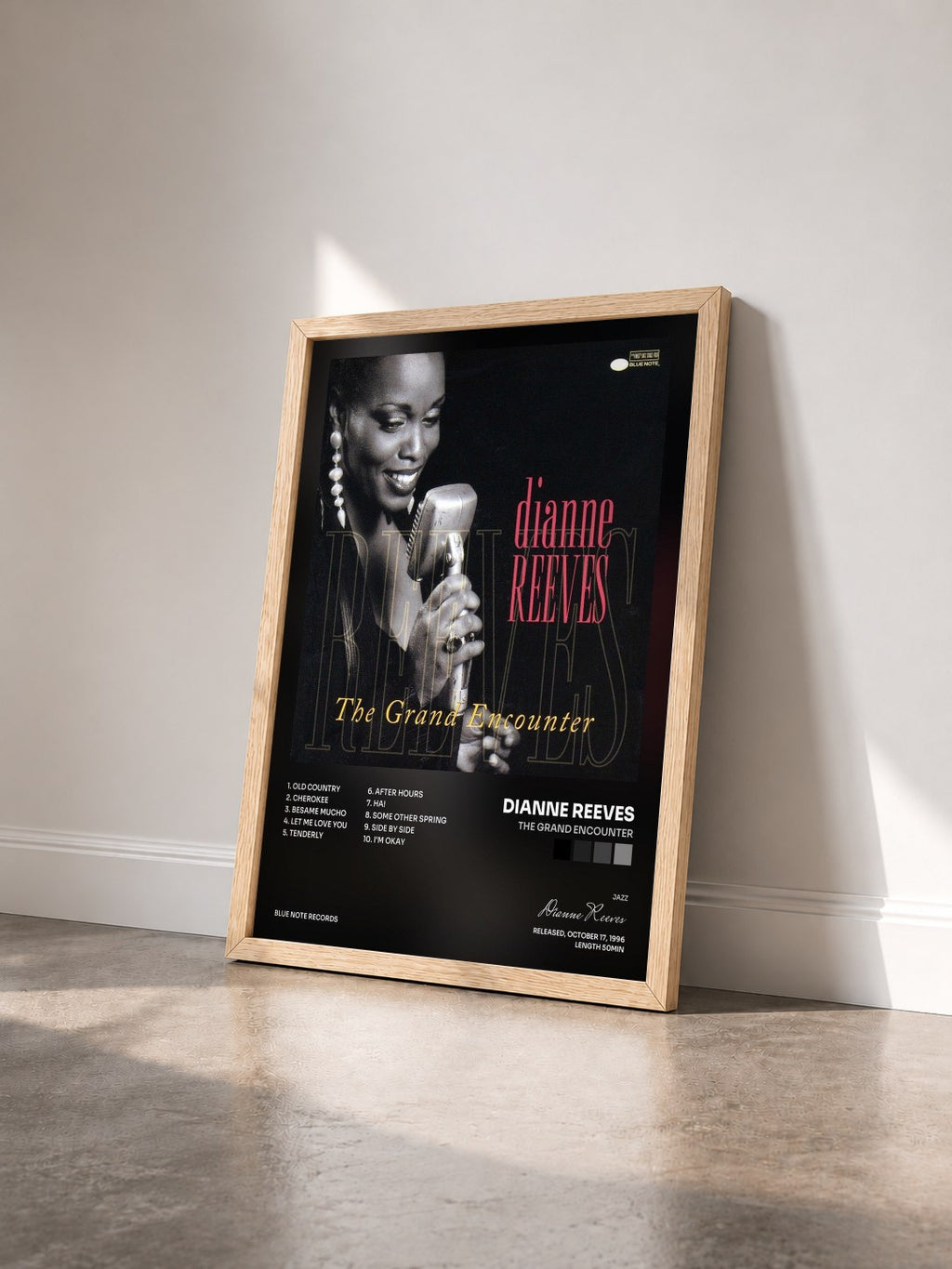 #bois Tableau de l'album The Grand Encounter de Dianne Reeves vu de trois quarts, cadre en bois brut