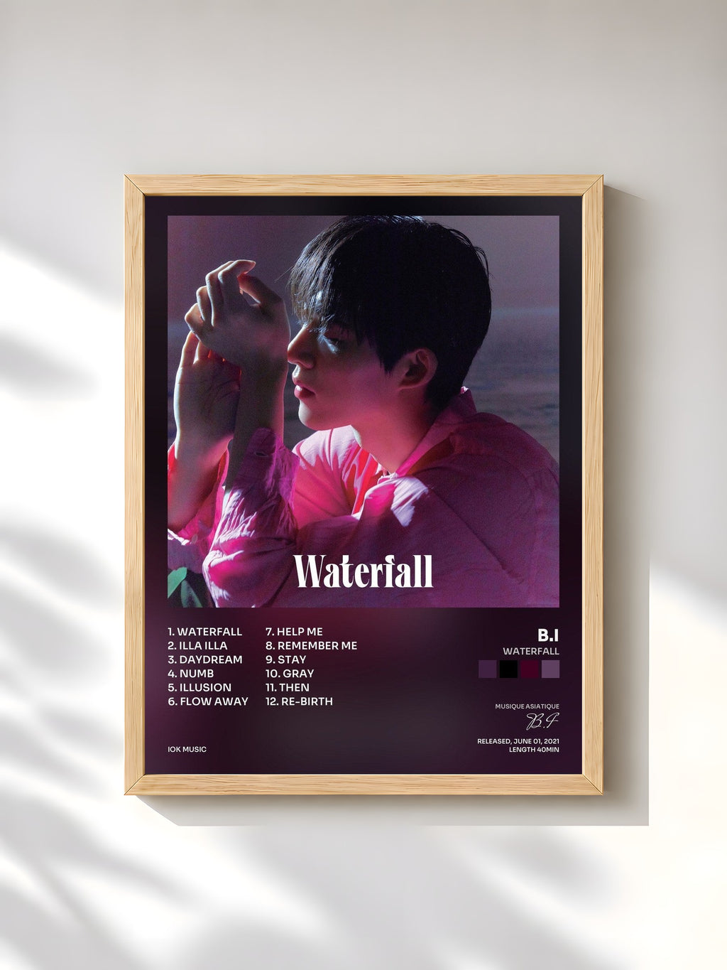 #bois Tableau de l'album WATERFALL de B.I, cadre en bois brut, imprimé et encadré en France