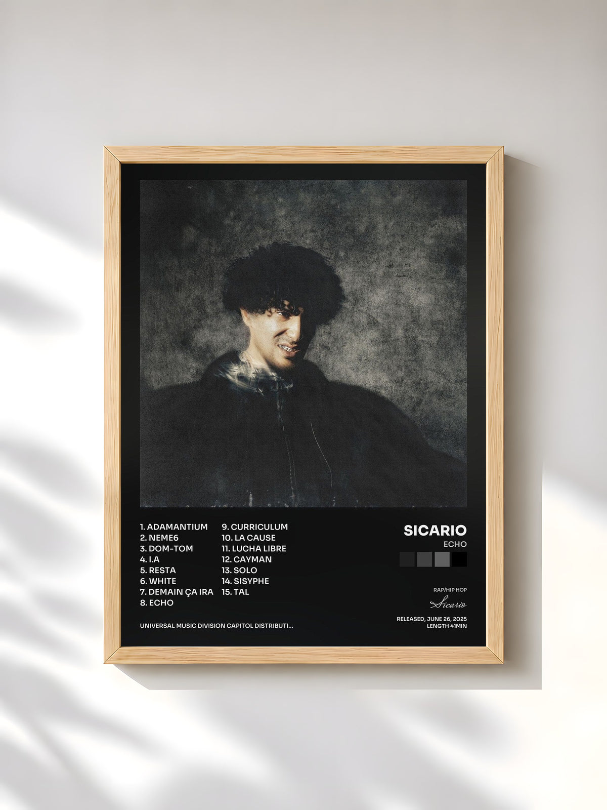 #bois Tableau de l'album ECHO de Sicario, cadre en bois brut, imprimé et encadré en France