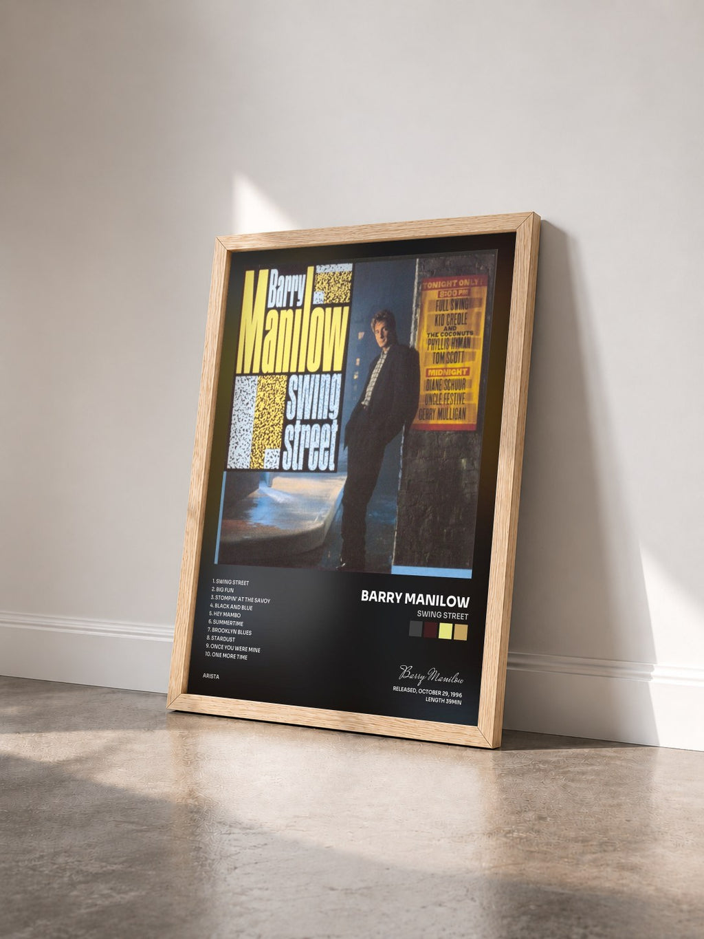 #bois Tableau de l'album Swing Street de Barry Manilow vu de trois quarts, cadre en bois brut