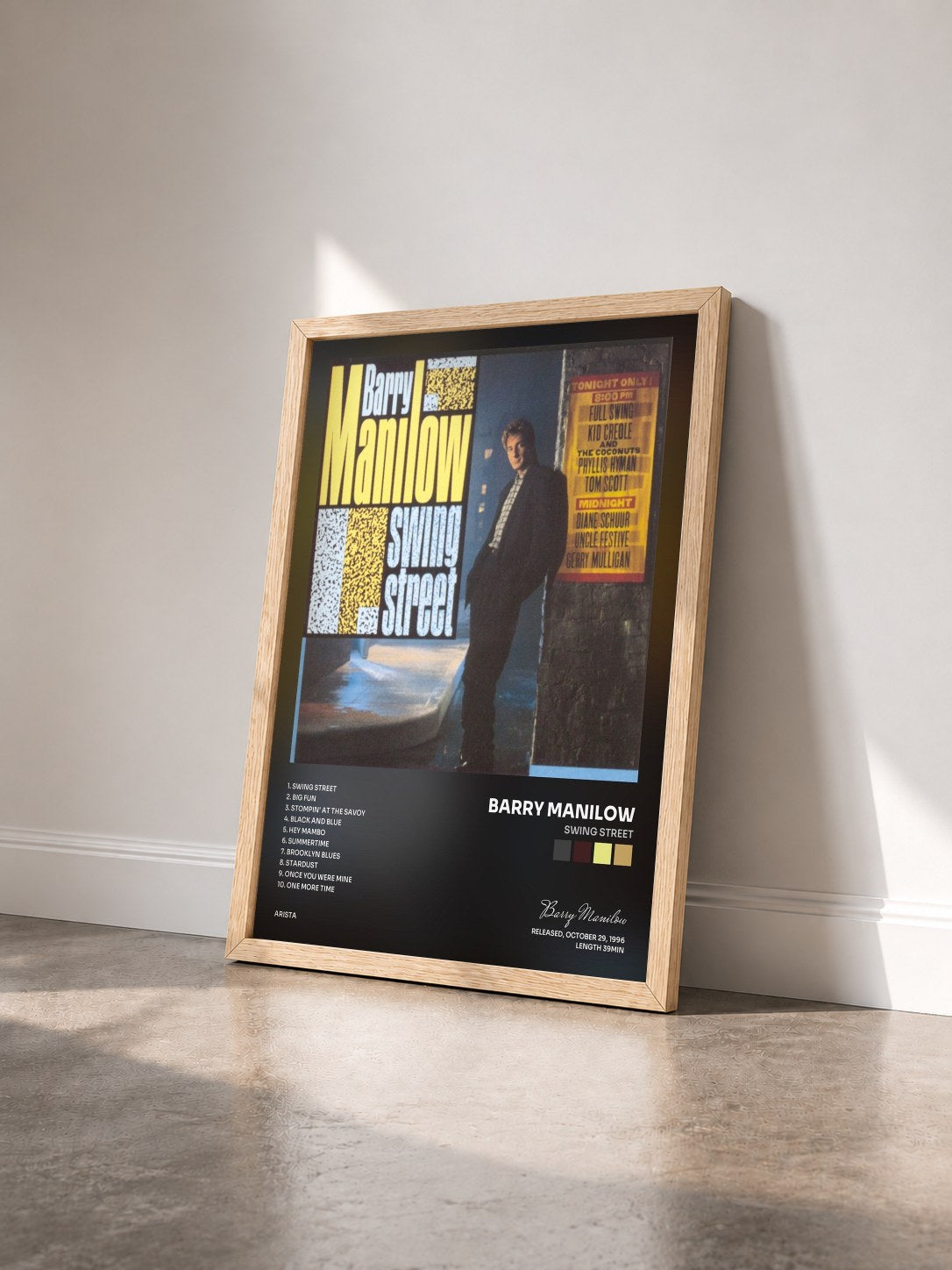 #bois Tableau de l'album Swing Street de Barry Manilow vu de trois quarts, cadre en bois brut