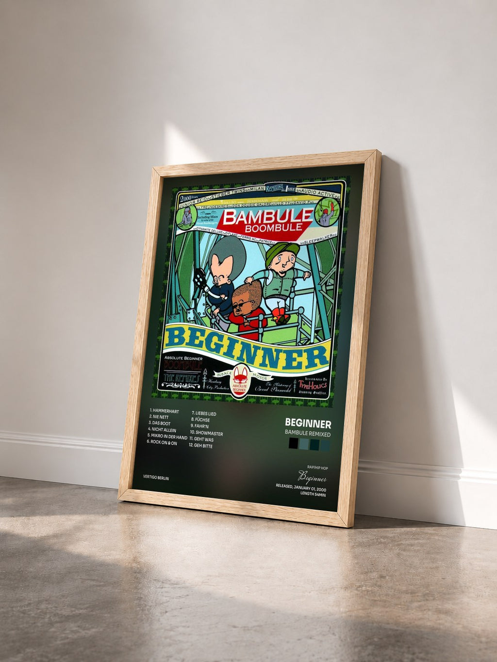 #bois Tableau de l'album Bambule Remixed de Beginner vu de trois quarts, cadre en bois brut