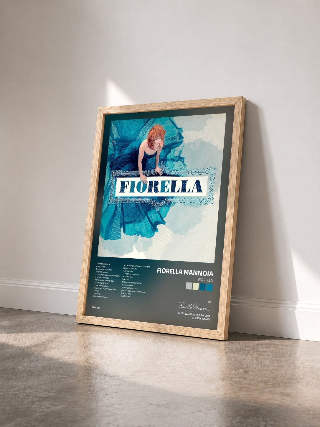 #bois Tableau de l'album Fiorella de Fiorella Mannoia vu de trois quarts, cadre en bois brut