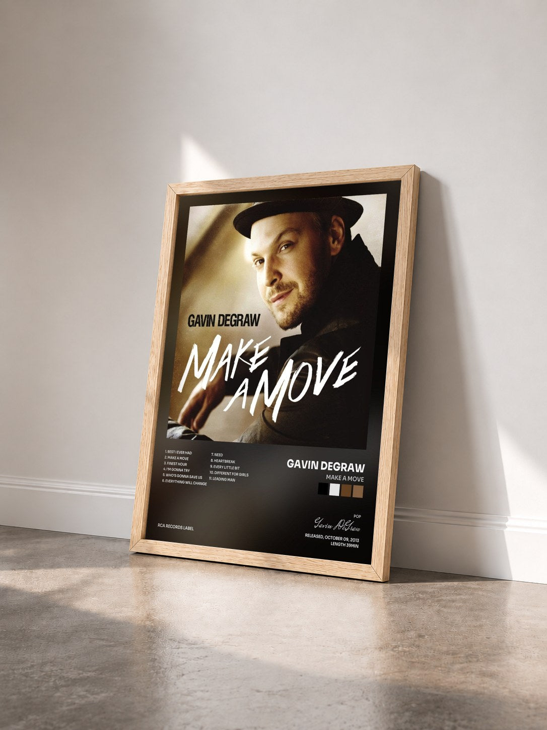 #bois Tableau de l'album Make A Move de Gavin DeGraw vu de trois quarts, cadre en bois brut