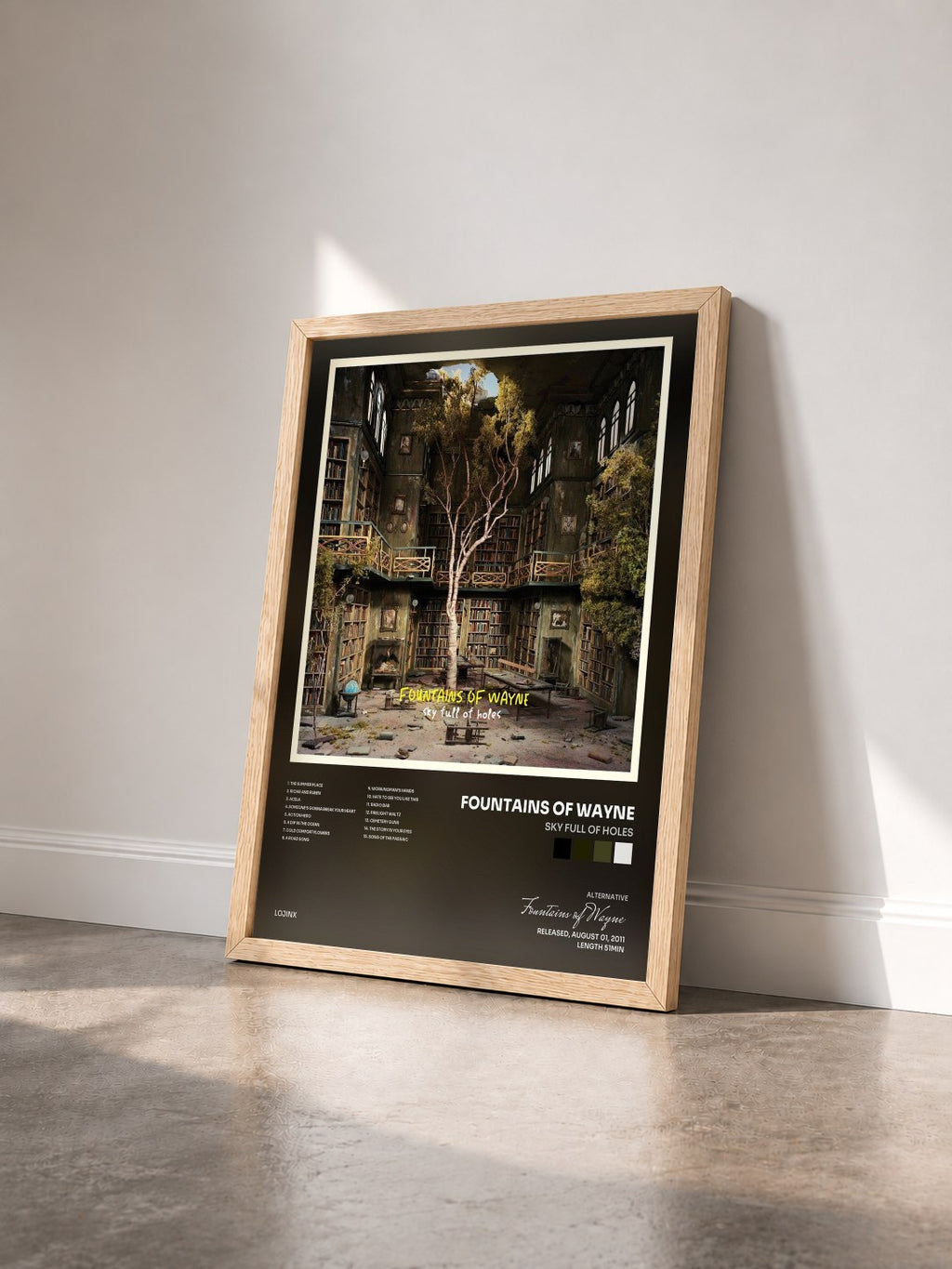 #bois Tableau de l'album Sky Full of Holes de Fountains of Wayne vu de trois quarts, cadre en bois brut