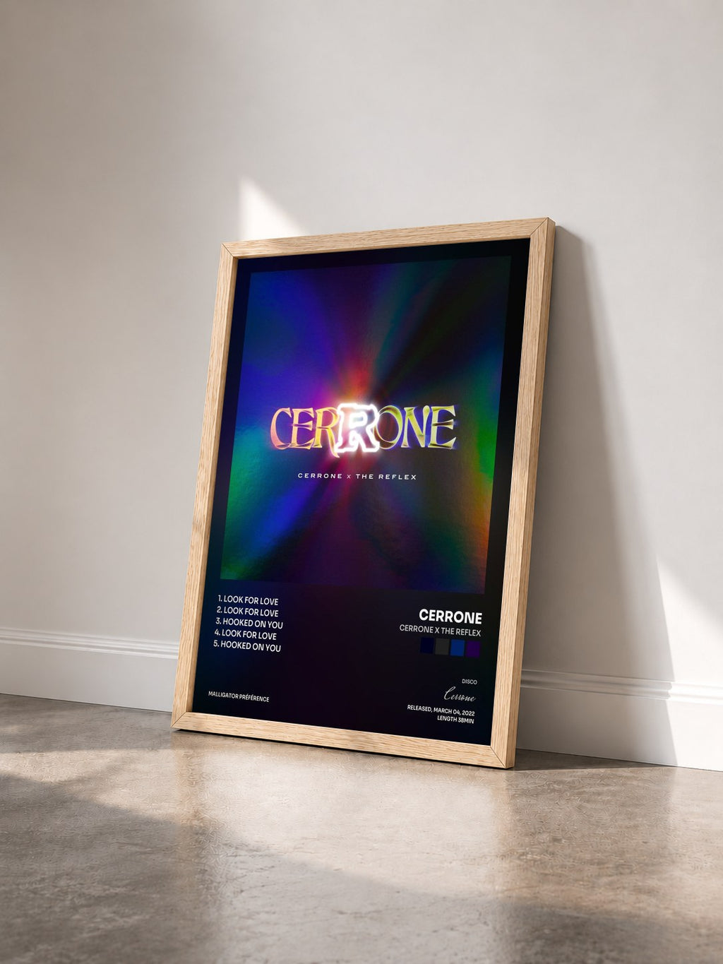 #bois Tableau de l'album Cerrone X The Reflex de Cerrone vu de trois quarts, cadre en bois brut