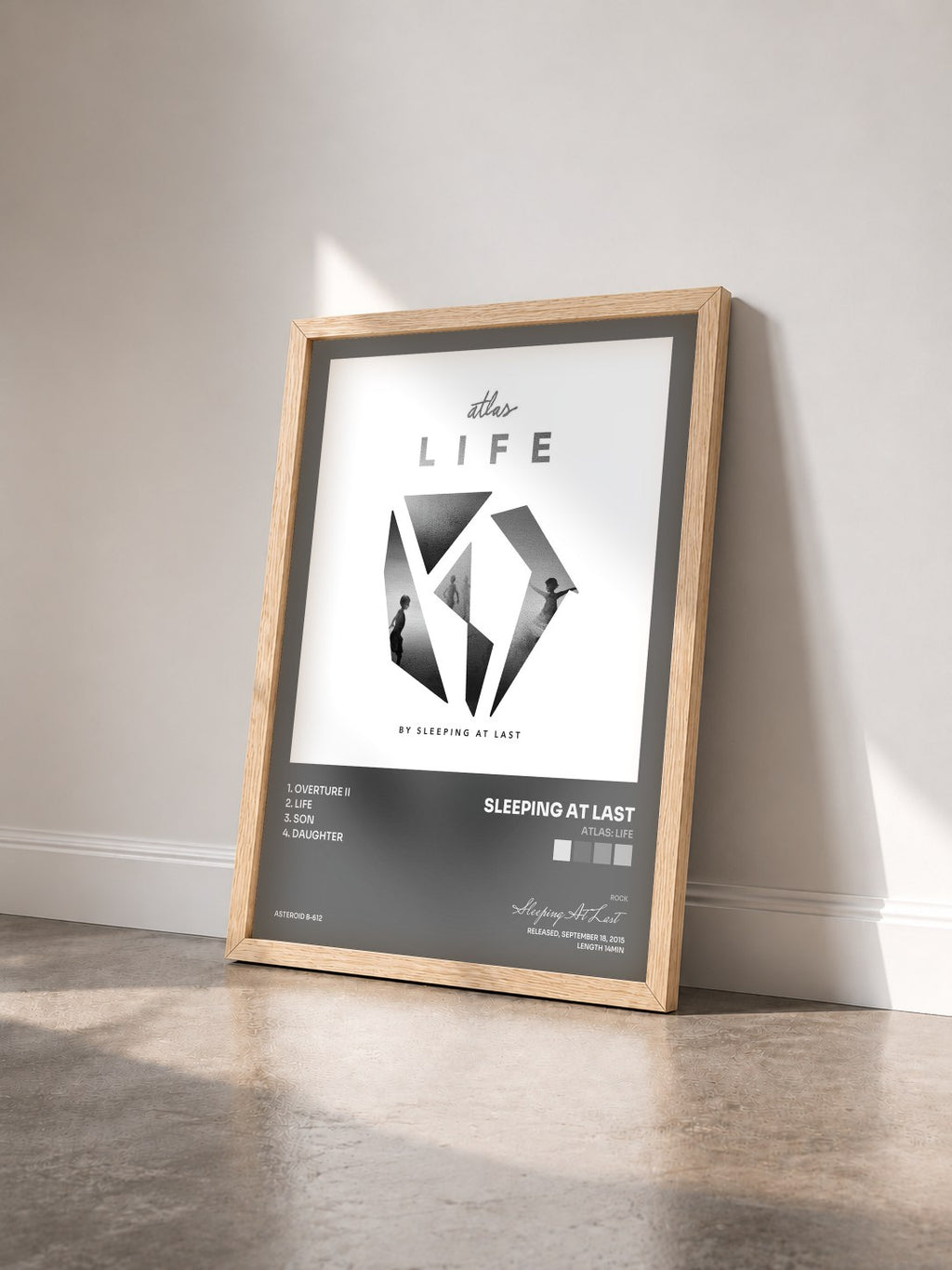 #bois Tableau de l'album Atlas: Life de Sleeping At Last vu de trois quarts, cadre en bois brut