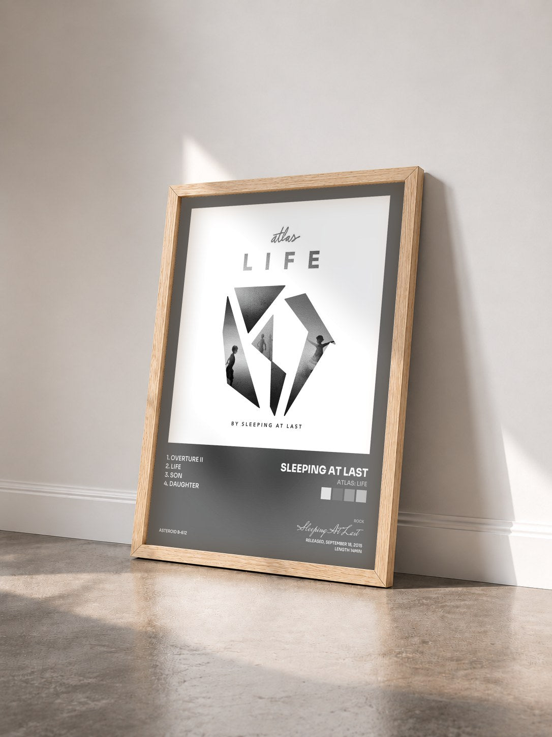 #bois Tableau de l'album Atlas: Life de Sleeping At Last vu de trois quarts, cadre en bois brut