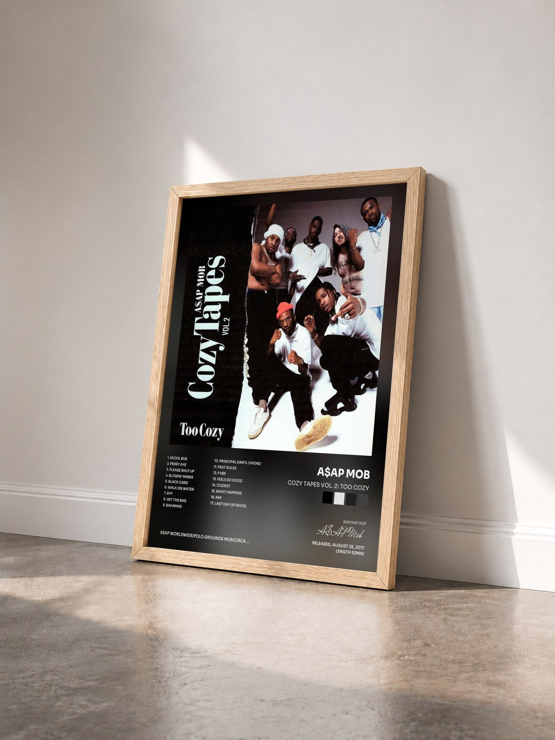 #bois Tableau de l'album Cozy Tapes Vol. 2: Too Cozy de A$AP Mob vu de trois quarts, cadre en bois brut