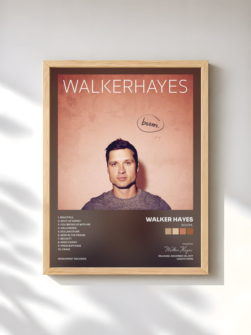 #bois Tableau de l'album boom. de Walker Hayes, cadre en bois brut, imprimé et encadré en France