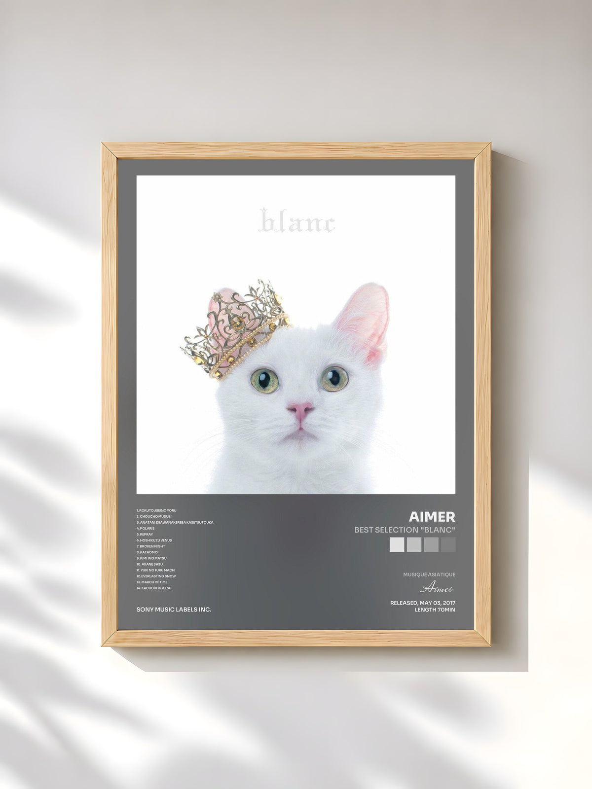#bois Tableau de l'album BEST SELECTION "blanc" de Aimer, cadre en bois brut, imprimé et encadré en France