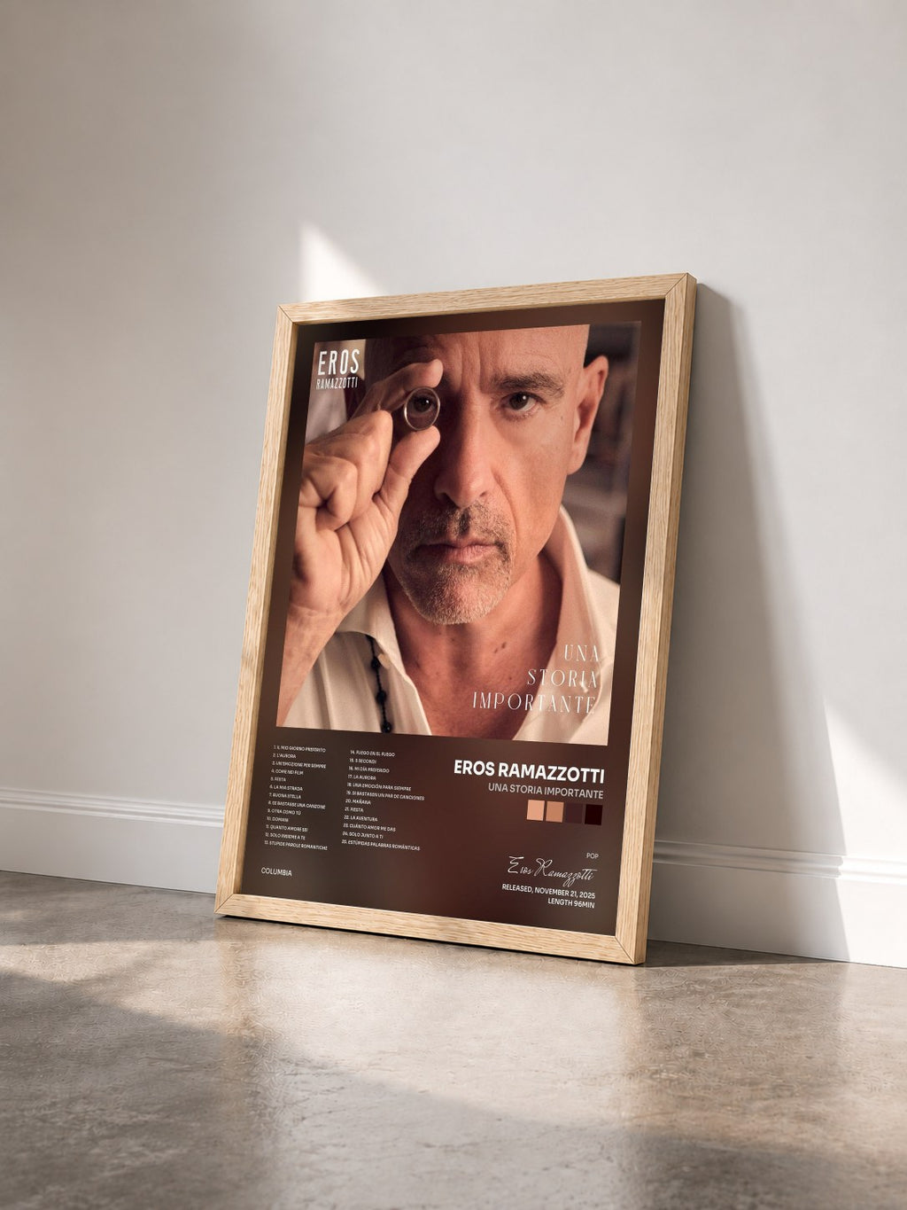 #bois Tableau de l'album UNA STORIA IMPORTANTE de Eros Ramazzotti vu de trois quarts, cadre en bois brut