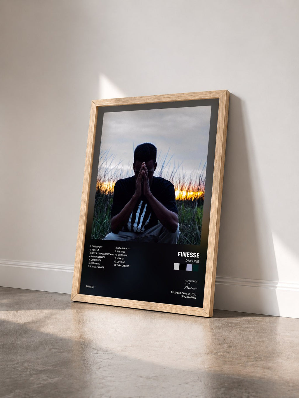 #bois Tableau de l'album Day One de Finesse vu de trois quarts, cadre en bois brut