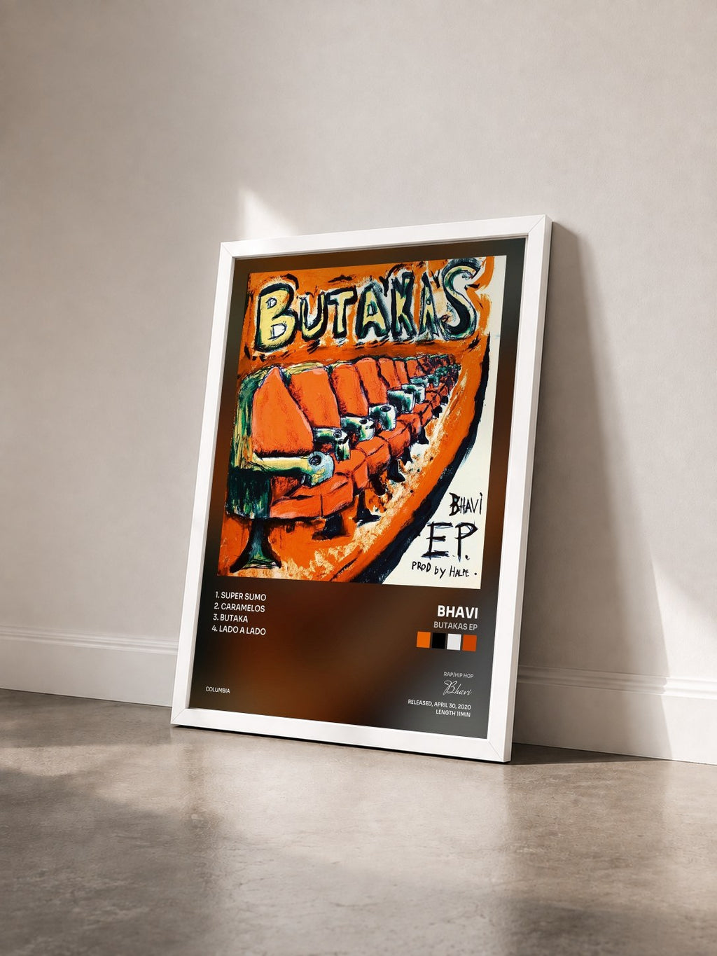#blanc Tableau de l'album BUTAKAS EP de Bhavi vu de trois quarts, cadre blanc