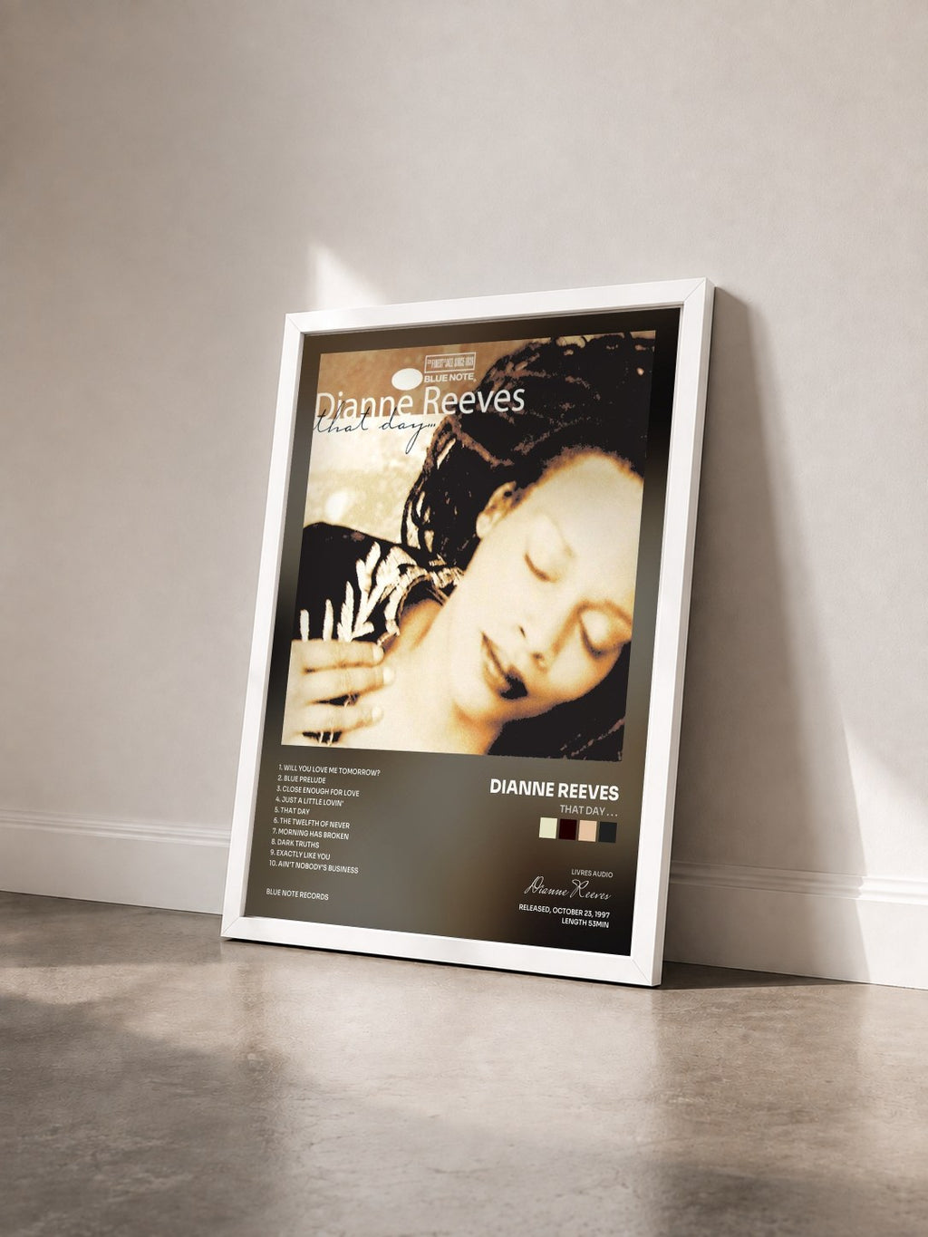 #blanc Tableau de l'album That Day . . . de Dianne Reeves vu de trois quarts, cadre blanc