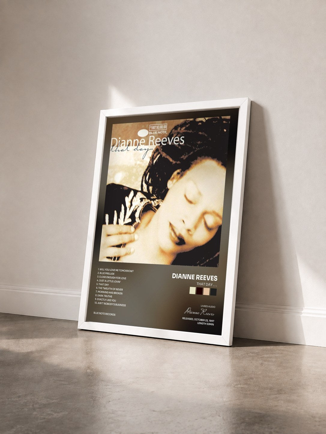 #blanc Tableau de l'album That Day . . . de Dianne Reeves vu de trois quarts, cadre blanc