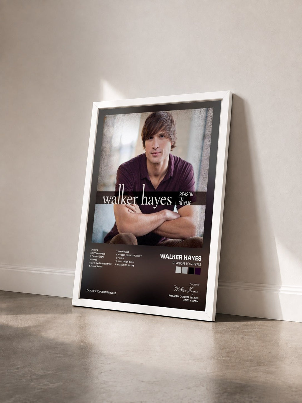 #blanc Tableau de l'album Reason To Rhyme de Walker Hayes vu de trois quarts, cadre blanc