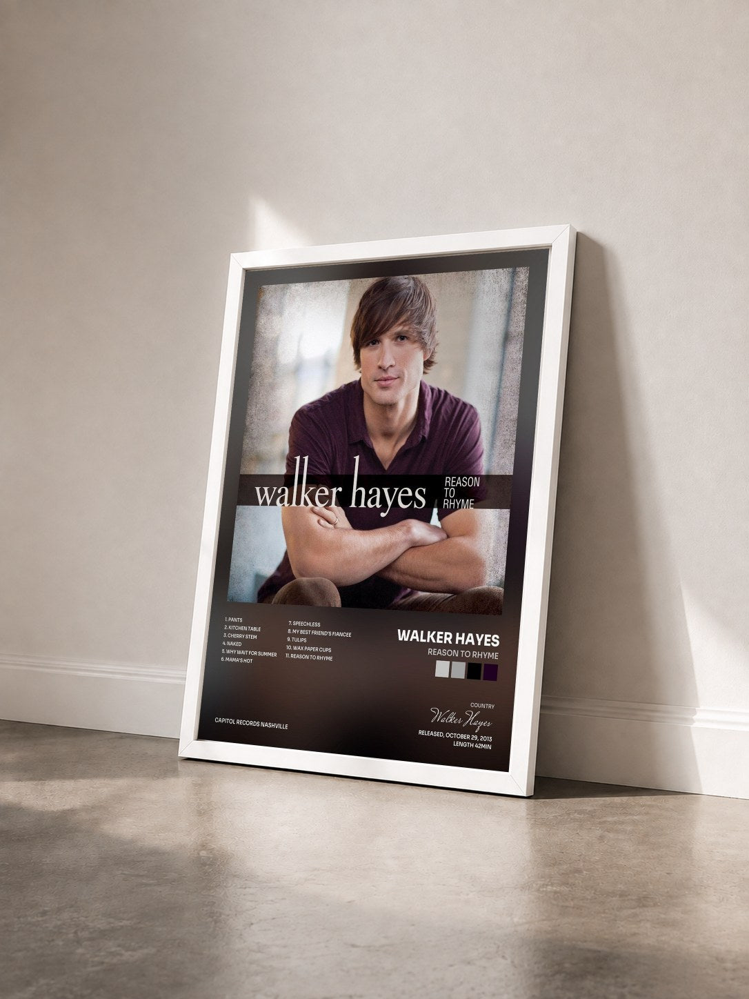 #blanc Tableau de l'album Reason To Rhyme de Walker Hayes vu de trois quarts, cadre blanc
