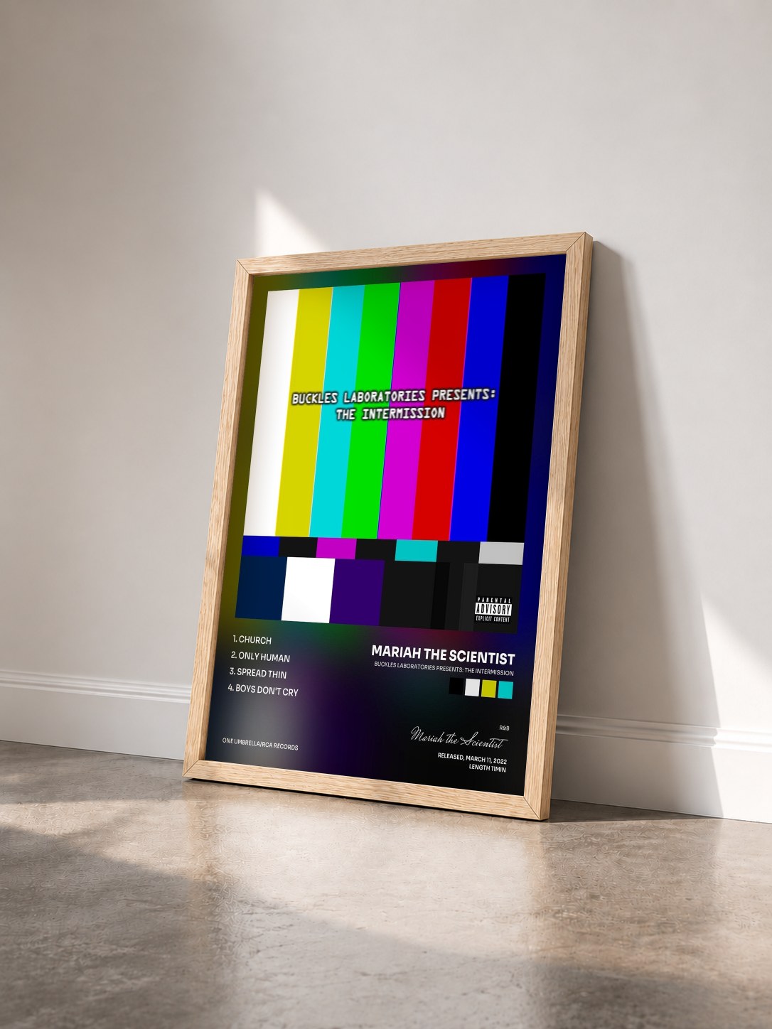 #bois Tableau de l'album Buckles Laboratories Presents: The Intermission de Mariah the Scientist vu de trois quarts, cadre en bois brut