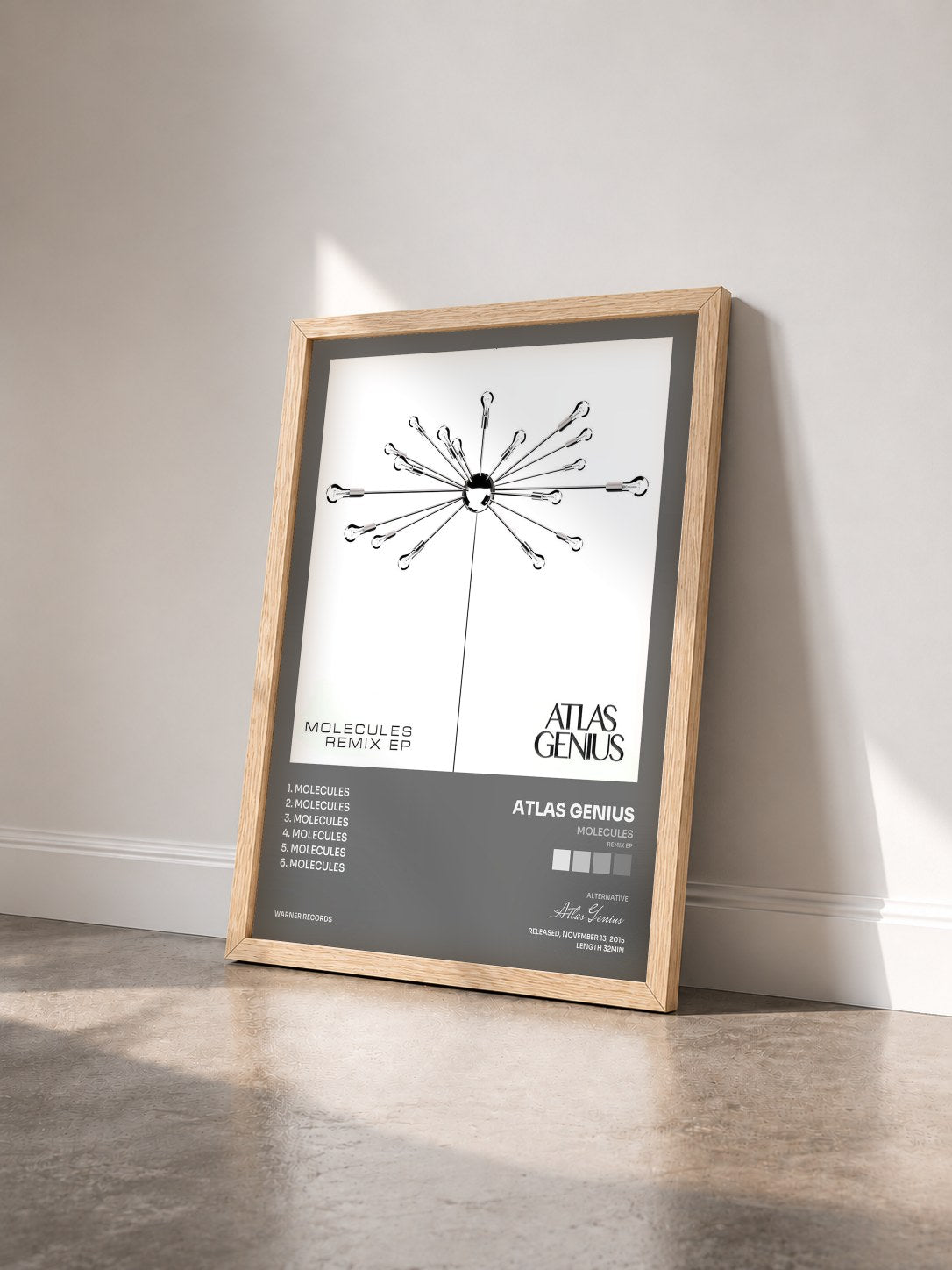 #bois Tableau de l'album Molecules (Remix EP) de Atlas Genius vu de trois quarts, cadre en bois brut