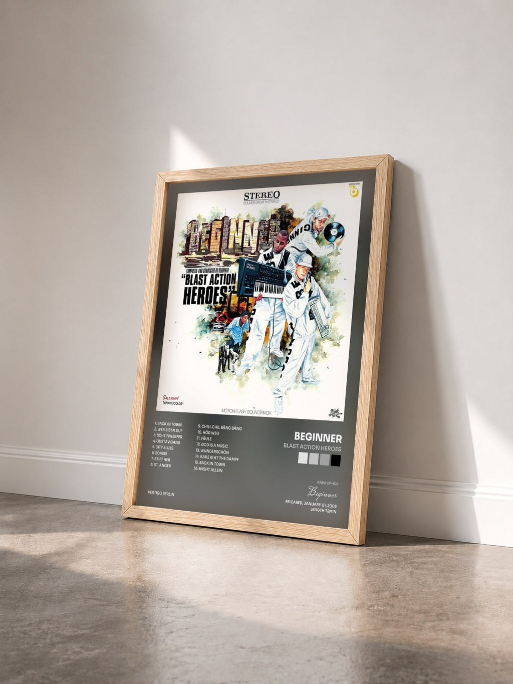 #bois Tableau de l'album Blast Action Heroes de Beginner vu de trois quarts, cadre en bois brut