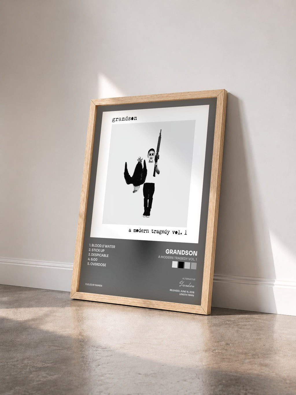 #bois Tableau de l'album a modern tragedy vol. 1 de Grandson vu de trois quarts, cadre en bois brut