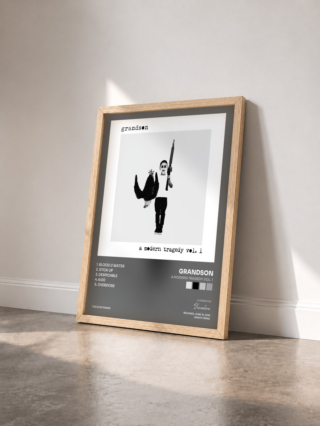 #bois Tableau de l'album a modern tragedy vol. 1 de Grandson vu de trois quarts, cadre en bois brut