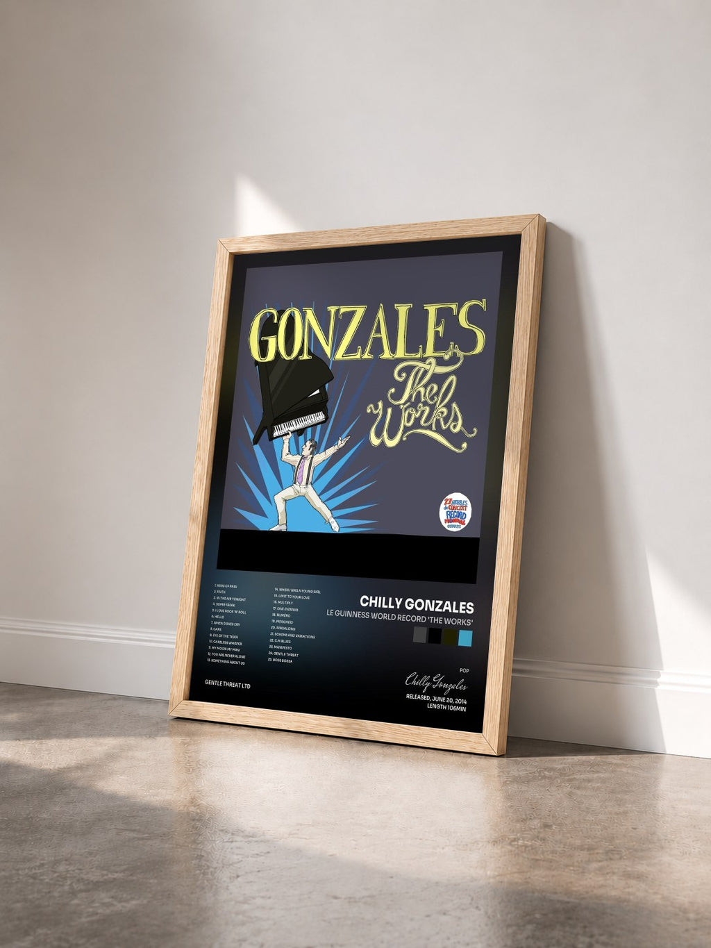#bois Tableau de l'album Le Guinness World Record 'the Works' de Chilly Gonzales vu de trois quarts, cadre en bois brut