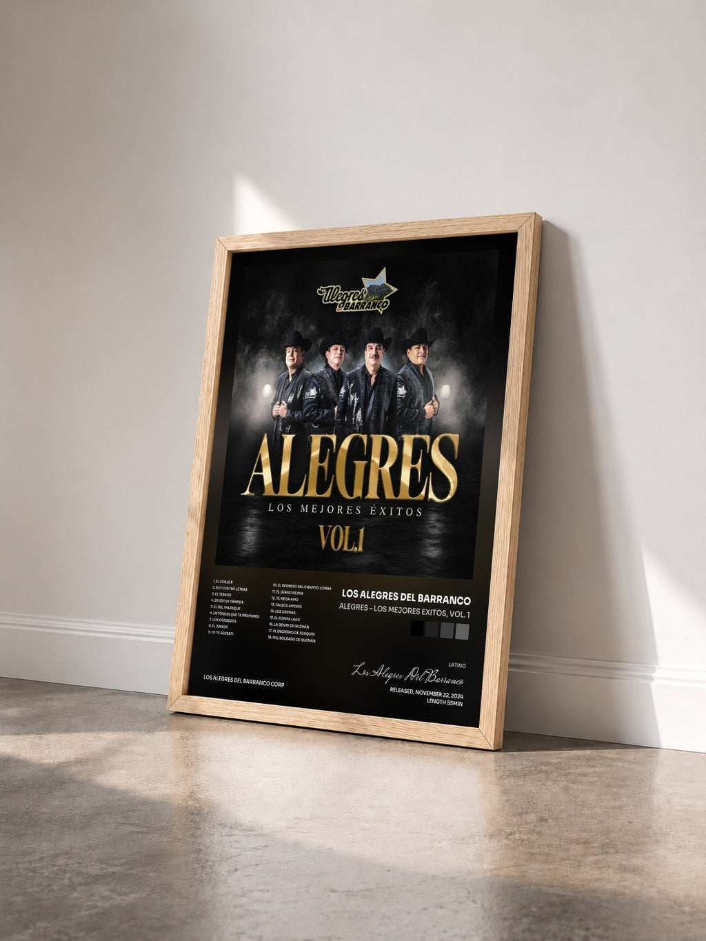 #bois Tableau de l'album Alegres - Los Mejores Exitos, Vol. 1 de Los Alegres Del Barranco vu de trois quarts, cadre en bois brut