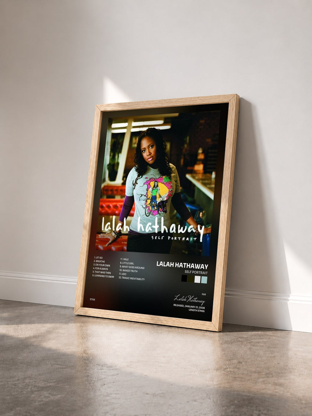 #bois Tableau de l'album Self Portrait de Lalah Hathaway vu de trois quarts, cadre en bois brut