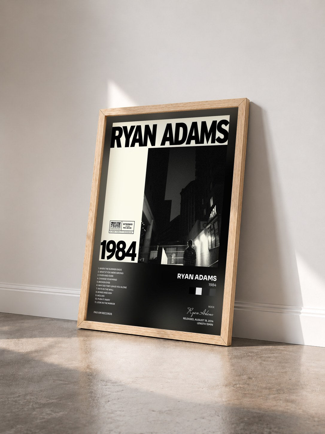 #bois Tableau de l'album 1984 de Ryan Adams vu de trois quarts, cadre en bois brut