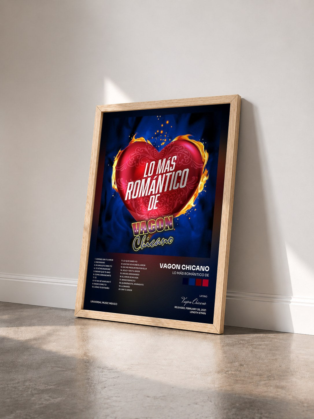 #bois Tableau de l'album Lo Más Romántico De de Vagon Chicano vu de trois quarts, cadre en bois brut