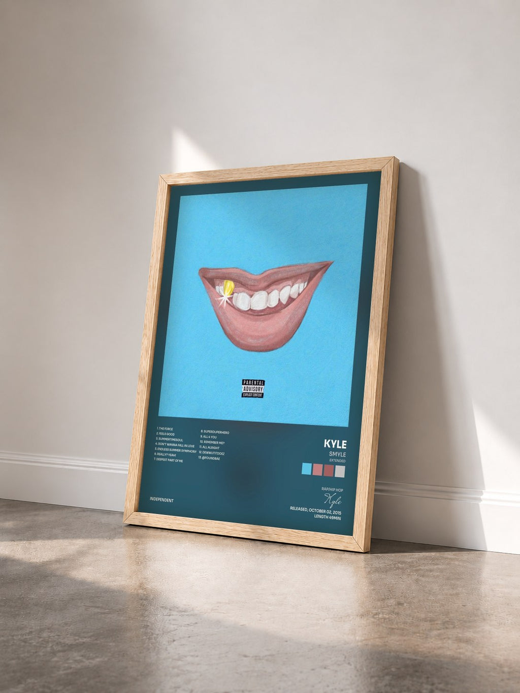 #bois Tableau de l'album Smyle (Extended) de Kyle vu de trois quarts, cadre en bois brut