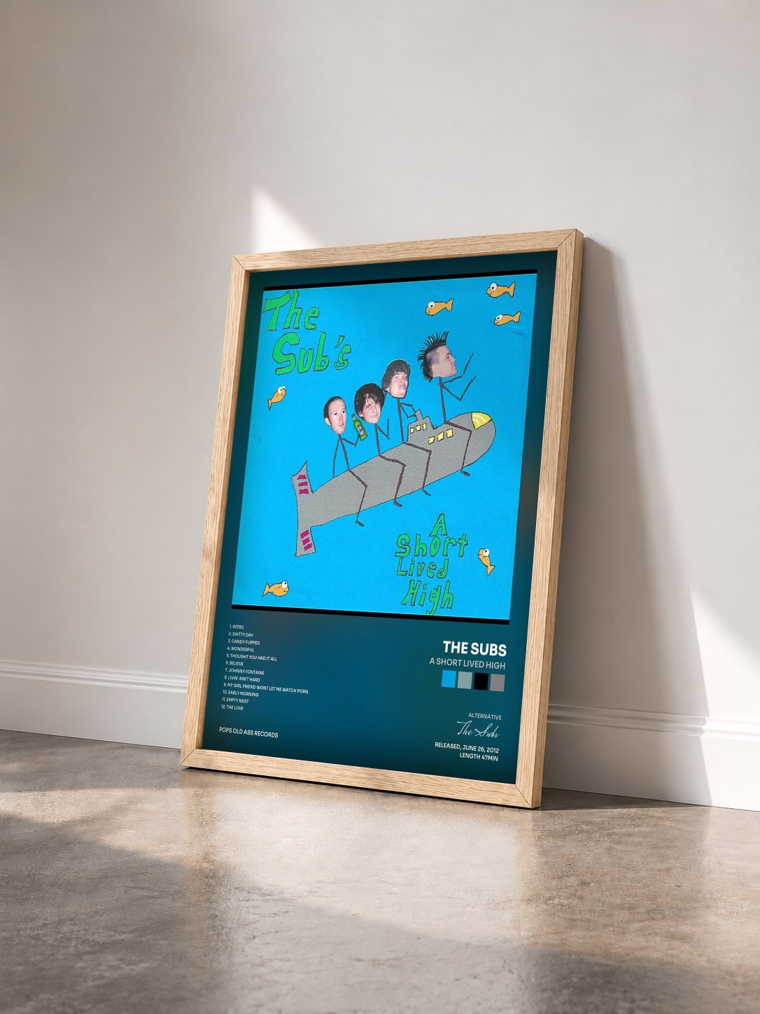 #bois Tableau de l'album A Short Lived High de The Subs vu de trois quarts, cadre en bois brut